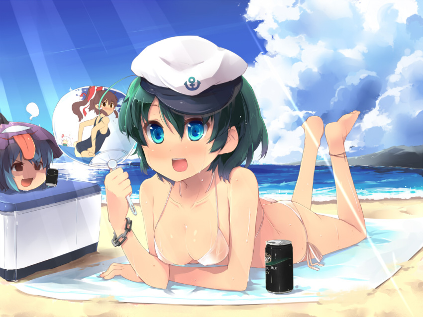 anklet barefoot beach beach_towel bikini blue_eyes blush bow breasts can canada_dry chains cleavage cloud cooler day female green_hair hairbow hakurei_reimu hand_fan hat jewelry lying medium_breasts murasa_minamitsu ocean on_stomach open_mouth outdoors paper_fan red_bow sailor_hat shin_(new) short_hair side-tie_bikini_bottom sky smile solo swimsuit tatara_kogasa the_pose touhou towel uchiwa wet white_bikini yukkuri_shiteitte_ne