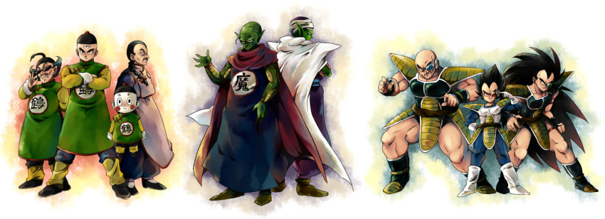 6+boys armor bad_id bad_pixiv_id bald black_hair boots braid cape chaozu chinese_clothes colored_skin crossed_arms dragon_ball dragon_ball_(classic) dragon_ball_z fighting_stance flying green_skin hat height_difference kami-sama long_hair male_focus multiple_boys nappa piccolo pointy_ears raditz saiyan_armor scouter size_difference spiked_hair sunglasses tao_pai_pai tenshinhan third_eye tsuru_sennin turban ulimatos vegeta white_skin