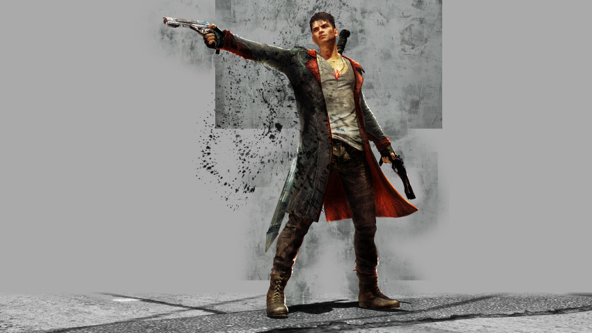 absurdres black_hair capcom dante dante_(dmc:_devil_may_cry) devil_may_cry dmc:_devil_may_cry ebony_&_ivory gun handgun highres ninja_theory pistol punk rebellion_(sword) sword weapon