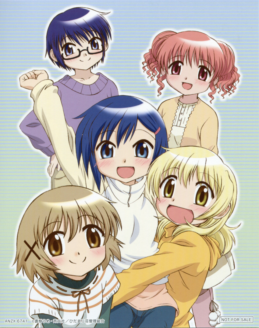 5girls :d absurdres artist_request blonde_hair blue_eyes blue_hair blush brown_eyes brown_hair casual chika_(hidamari_sketch) double_bun glasses hair_bun hair_ornament hairclip hidamari_sketch highres hiro_(hidamari_sketch) looking_at_viewer miyako_(hidamari_sketch) multiple_girls official_art open_mouth pink_hair red_eyes red_hair sae_(hidamari_sketch) scan short_hair smile yellow_eyes yuno_(hidamari_sketch)