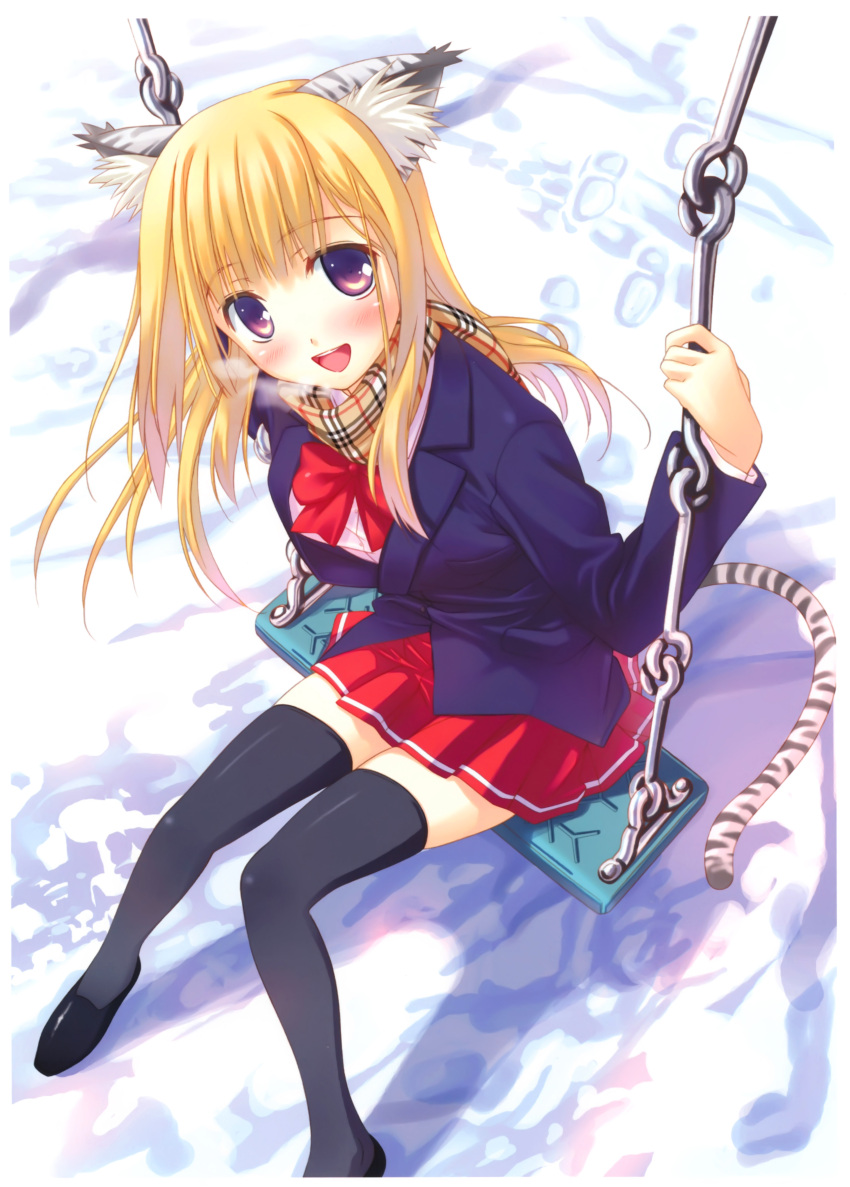 :d absurdres amakusa_tobari animal_ears black_thighhighs blonde_hair blush bow copyright_request female from_above highres holding long_hair looking_at_viewer open_mouth photoshop_(medium) plaid plaid_scarf purple_eyes scan scarf school_uniform sitting skirt smile solo swing tail thighhighs