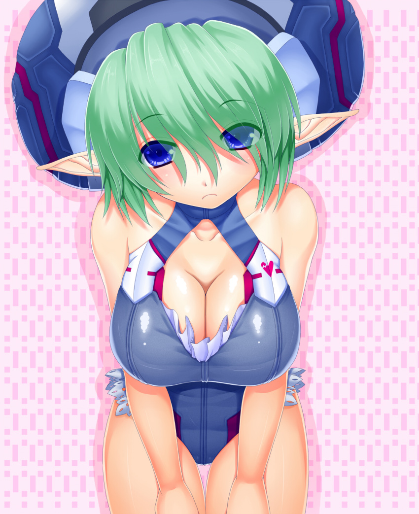 adapted_costume asamura_hiori blue_eyes breasts candy_crown cleavage cleavage_cutout clothing_cutout commentary_request elf female green_hair hat highres large_breasts melfonseana one-piece_swimsuit phantasy_star phantasy_star_online_2 pink_background pointy_ears short_hair swimsuit