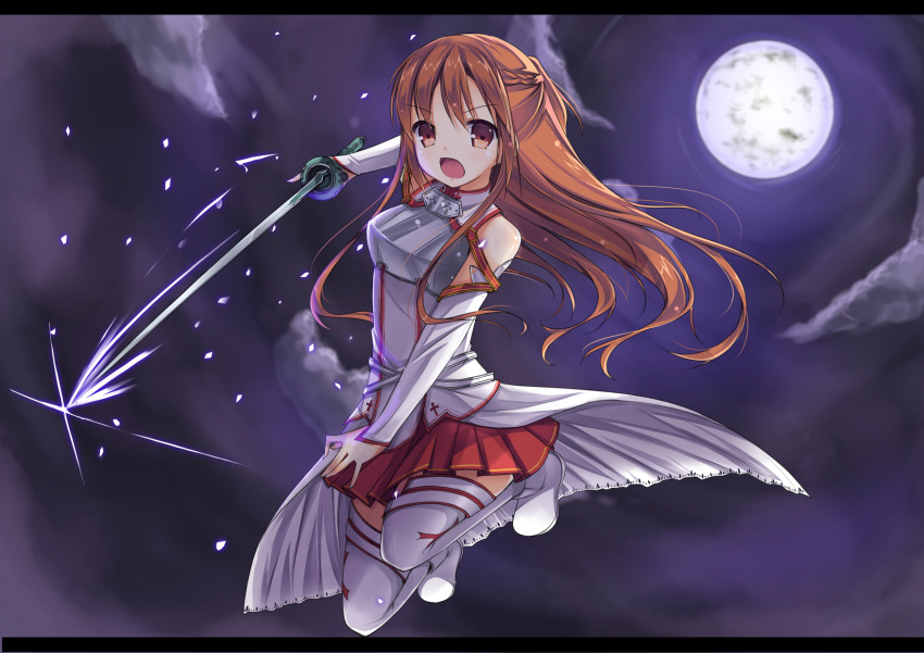 amemiya_ruki armor asuna_(sao) bare_shoulders breastplate brown_eyes brown_hair commentary_request detached_sleeves female full_moon highres holding letterboxed long_hair moon open_mouth photoshop_(medium) skirt solo sword sword_art_online thighhighs weapon white_thighhighs