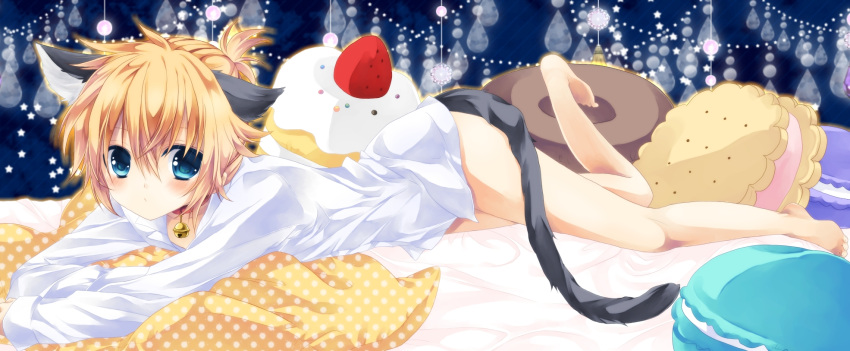 1boy animal_ears bad_id bad_pixiv_id bell blonde_hair blue_eyes blush cat_ears cat_tail collar cookie cupcake doughnut food highres kagamine_len kemonomimi_mode lying macaron male_focus naked_shirt neck_bell on_stomach pillow sandwich_cookie shirt sleeves_past_fingers sleeves_past_wrists tail uutan vocaloid white_shirt