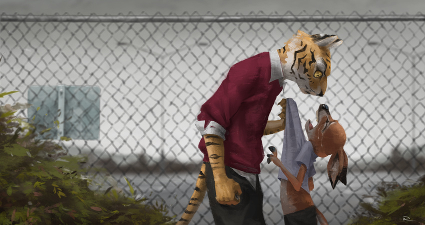 5_fingers anthro black_nose bodily_fluids bully bullying cameron_(zootopia_fan_character) chain-link_fence cloud cloudy_(disambiguation) cloudy_sky crying deer detailed_background digital_media_(artwork) duo felid fence fingers fist fur grey_sky hi_res intimidation jamie_(zootopia_fan_character) larger_anthro male mammal multicolored_body multicolored_fur open_mouth orange_body orange_fur outside pantherine pelboy plant predator/prey shirt_grab shrub size_difference sky smaller_anthro street_lamp striped_body striped_fur stripes tears threatening tiger urban