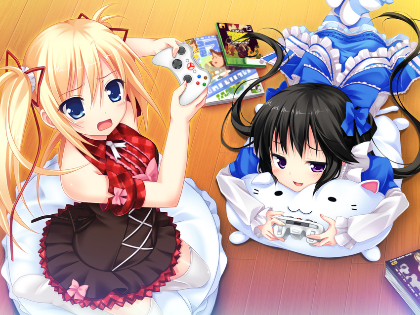 black_hair blonde_hair blue_eyes console game_cg lolita_fashion luna_lia makita_maki mecha-con! purple_eyes sawatari_saki twintails yatake_tsubaki