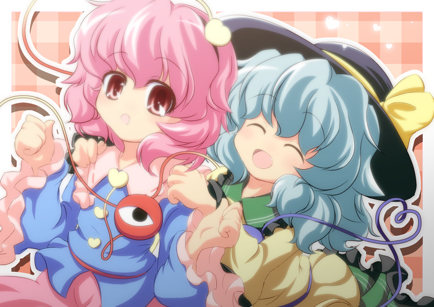 2girls closed_eyes commentary_request green_hair hands_on_shoulders hat komeiji_koishi komeiji_satori multiple_girls nullpooo oerba_yun_fang open_mouth pink_eyes pink_hair siblings sisters smile third_eye touhou