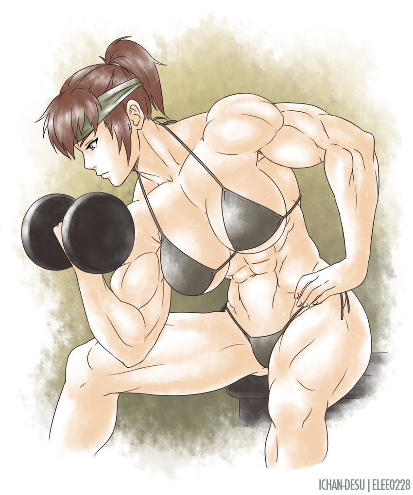 abs biceps bikini breasts brown_eyes brown_hair daimon_akiko elee0228 female female headband ichan-desu muscle ponytail solo sweat swimsuit taisen_hot_gimmick taisen_hot_gimmick_4ever weightlifting weights