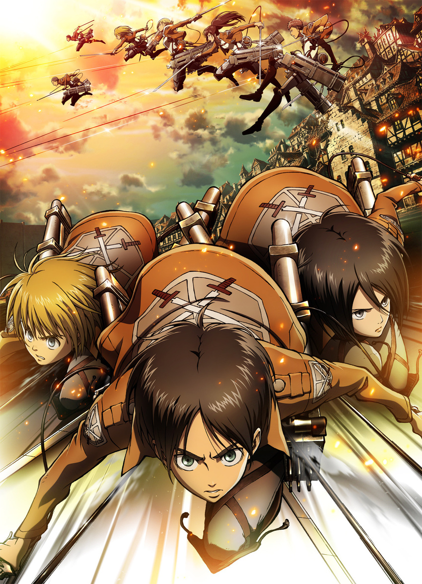 4girls 5boys annie_leonhart armin_arlert asano_kyouji black_hair blonde_hair blue_eyes boots brown_hair connie_springer dual_wielding emblem eren_yeager foreshortening green_eyes grey_eyes highres holding jacket jean_kirstein krista_lenz midair mikasa_ackerman multiple_boys multiple_girls official_art paradis_military_uniform ponytail sasha_blouse shingeki_no_kyojin sunset sword third-party_source three-dimensional_maneuver_gear training_corps_(emblem) weapon