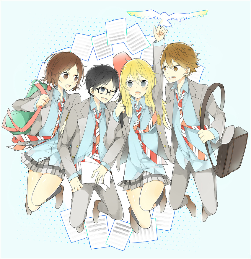 2boys 2girls arima_kousei bad_id bad_pixiv_id bag bird black_hair blazer blonde_hair blue_eyes brown_eyes brown_hair commentary_request glasses highres jacket miyazono_kawori multiple_boys multiple_girls necktie paper sawabe_tsubaki school_bag school_uniform shigatsu_wa_kimi_no_uso tashite violin_case watari_ryouta