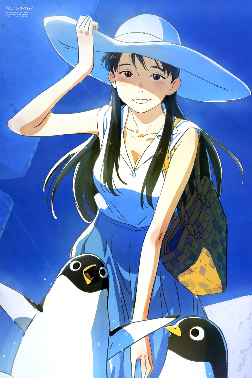 absurdres arai_youjirou bag bird black_eyes black_hair blue_skirt blush breasts cleavage collarbone day female grin hand_on_headwear hat highres long_hair looking_at_viewer medium_breasts newtype official_art onee-san_(penguin_highway) penguin penguin_highway scan shoulder_bag skirt sky smile sun_hat sweat