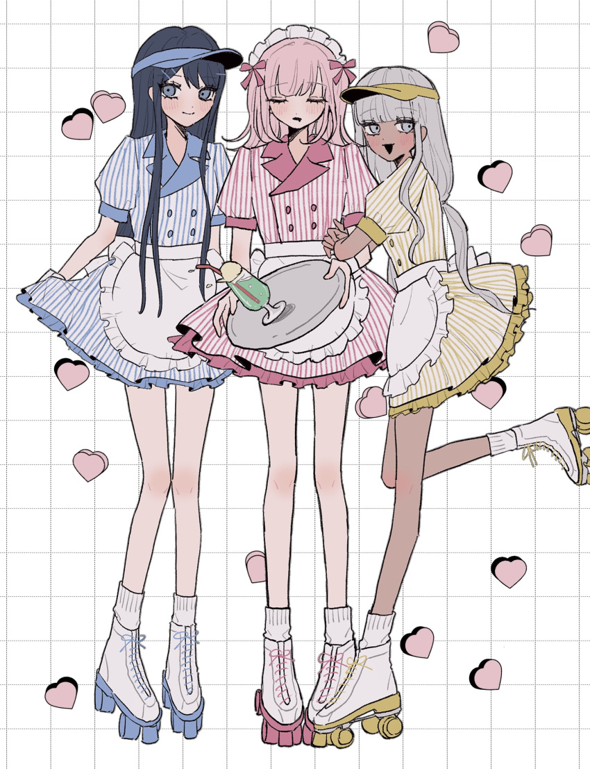 3girls alternate_costume black_hair blue_dress blush buttons danganronpa:_trigger_happy_havoc danganronpa_(series) danganronpa_2:_goodbye_despair danganronpa_v3:_killing_harmony dark-skinned_female dark_skin double-breasted dress drooling frilled_dress frills full_body grey_hair heart highres long_hair maid_headdress maizono_sayaka medium_hair multiple_girls nanami_chiaki pink_hair puffy_short_sleeves puffy_sleeves raamensusure roller_skates shoes short_sleeves simple_background skates sleeping smile socks striped_clothes striped_dress waitress white_background white_socks yellow_dress yonaga_angie