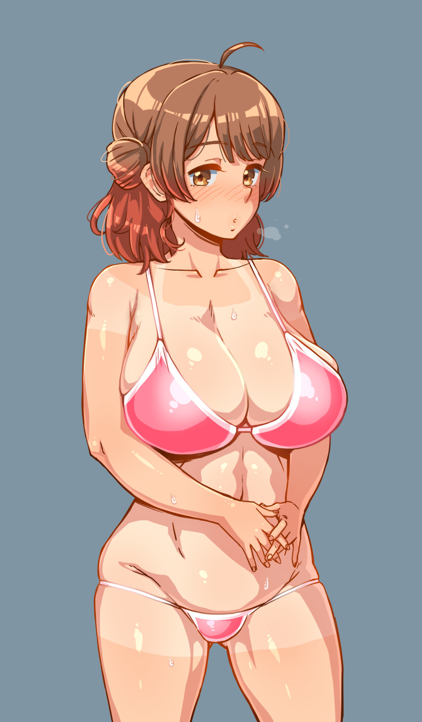 absurdres ahoge bikini blush breasts brown_eyes brown_hair enoshima_iki female gakuen_idolmaster hanami_ume highres idolmaster large_breasts navel pink_bikini simple_background solo sweat swimsuit tan tanlines