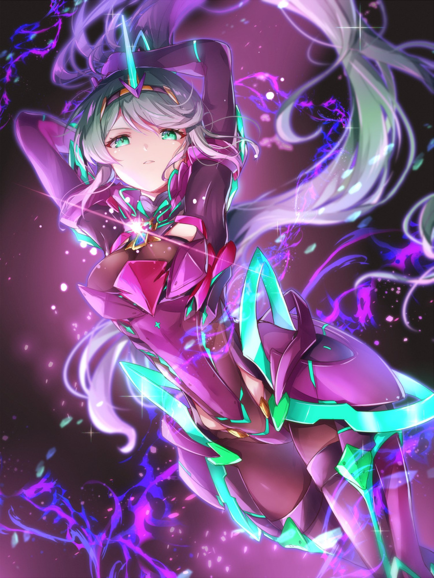 armor arms_behind_head aura black_armor black_bodysuit bodysuit breasts chest_jewel cowboy_shot dark_background green_eyes green_hair high_ponytail highres long_hair medium_breasts pneuma_(xenoblade) tiara ui_frara very_long_hair xenoblade_chronicles_(series) xenoblade_chronicles_2