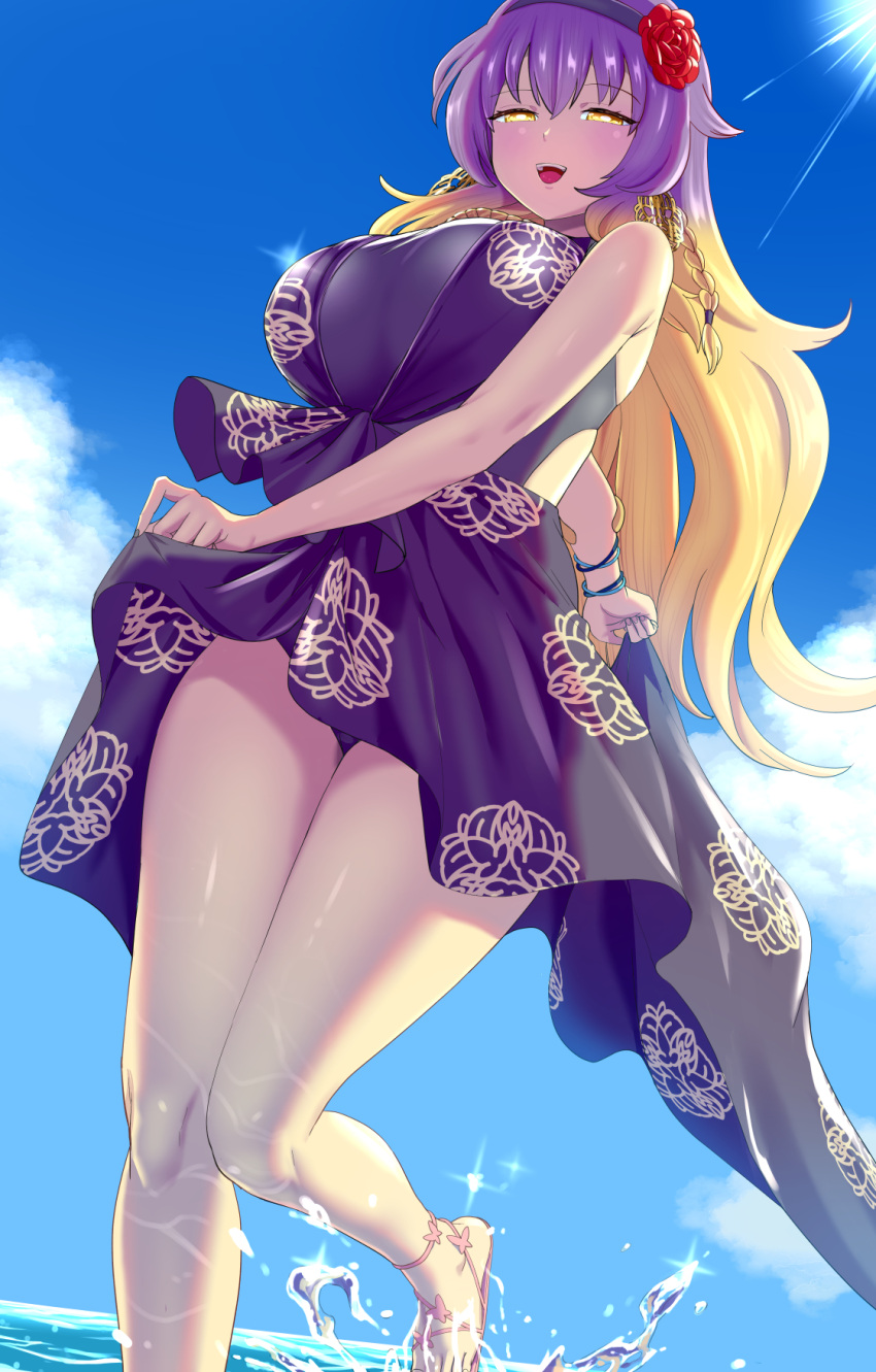 bare_arms blonde_hair braid breasts cloud cloudy_sky contrapposto dress dutch_angle female floral_print flower foot_out_of_frame gradient_hair hair_flower hair_ornament headband highres hijiri_byakuren hijiri_byakuren_(yao_bikuni_unleashed) large_breasts legs long_hair multicolored_hair nekobatake outdoors purple_hair red_flower sandals single_braid sky smile swimsuit thighs touhou touhou_lostword very_long_hair yellow_eyes