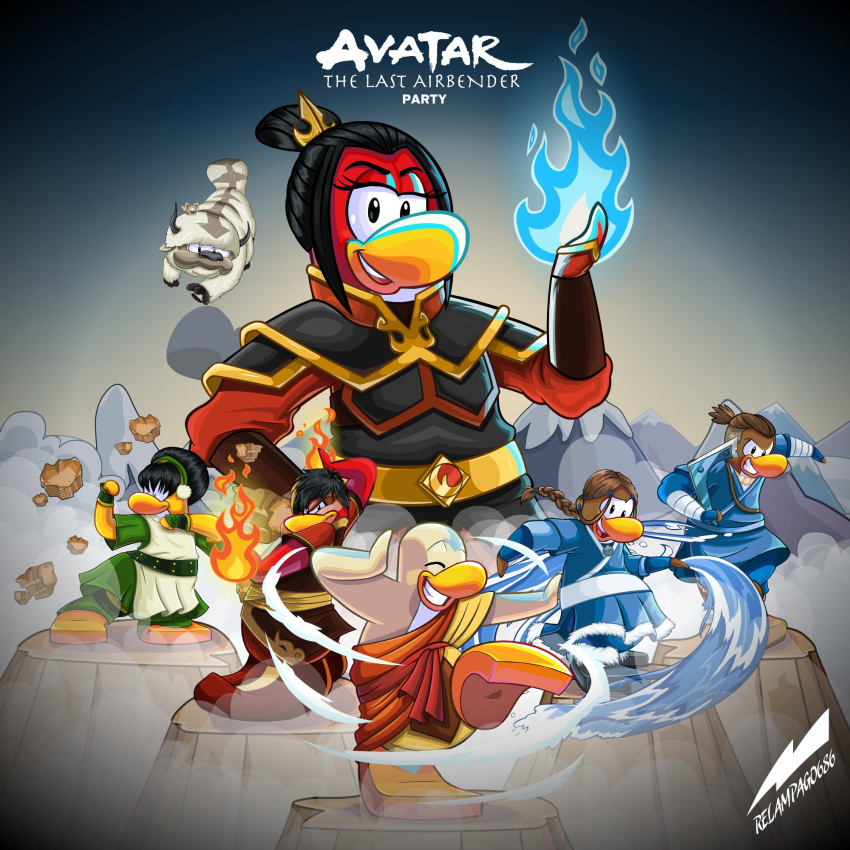 aang anthro appa_(avatar) armor avatar:_the_last_airbender avian azula_(avatar) bird bison black_hair bottomwear bovid bovine brown_body brown_hair clothing dress female fire frown fur group hair hi_res horn katara looking_at_viewer male mammal momo_(avatar) nickelodeon on_one_leg pants penguin ponytail red_body relampago686 robe shirt smile sokka standing teeth toph_beifong topwear water white_body white_fur yellow_body zuko