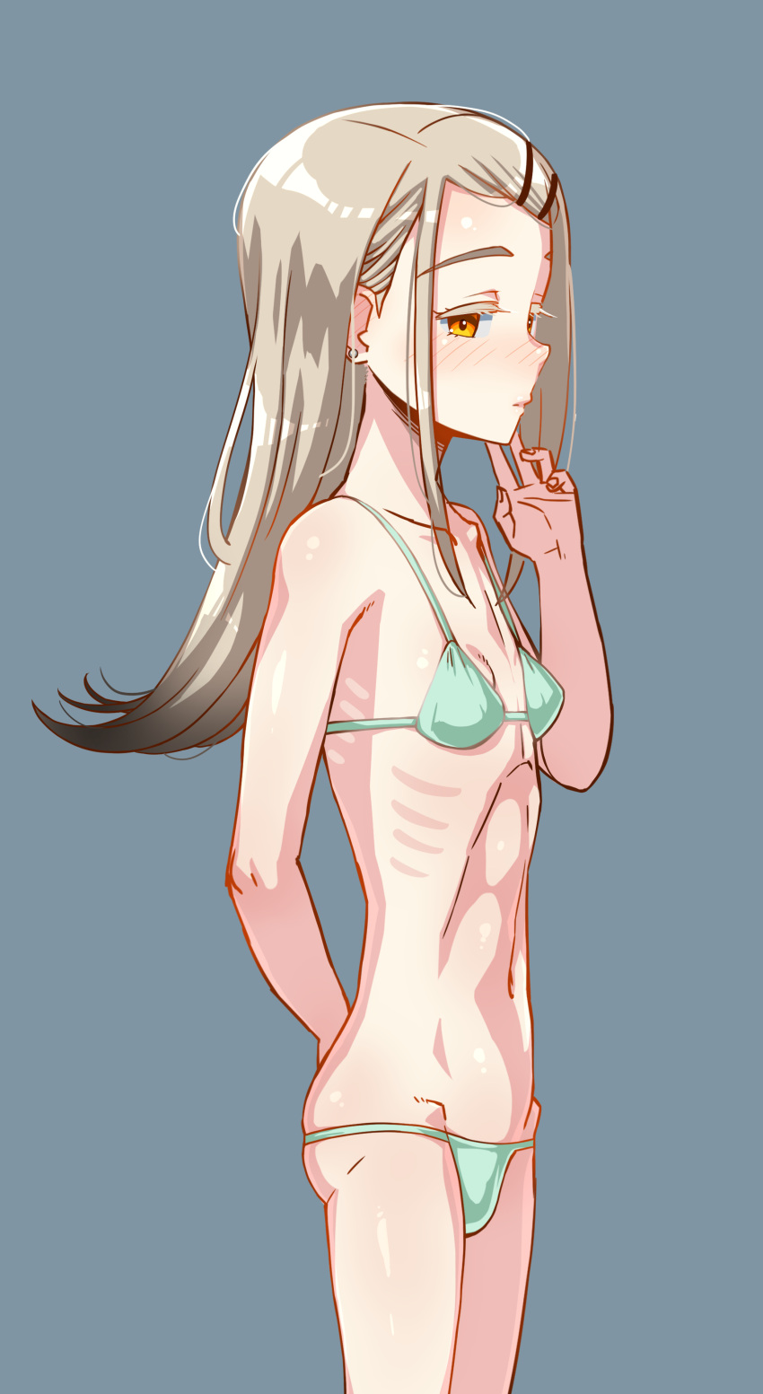 absurdres aqua_bikini bikini blush breasts enoshima_iki expressionless gakuen_idolmaster grey_hair hair_ornament hairclip highres idolmaster long_hair navel orange_eyes profile ribs shinosawa_hiro simple_background skinny small_breasts swimsuit