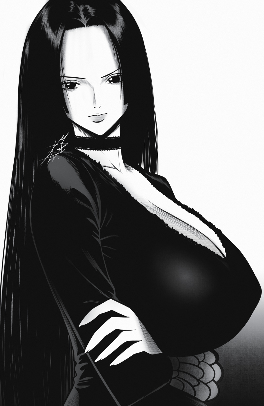 absurdres boa_hancock breasts choker cleavage dress female from_behind gradient_background greyscale highres huge_breasts long_hair looking_at_viewer monochrome mostlybluewyatt one_piece parted_bangs solo