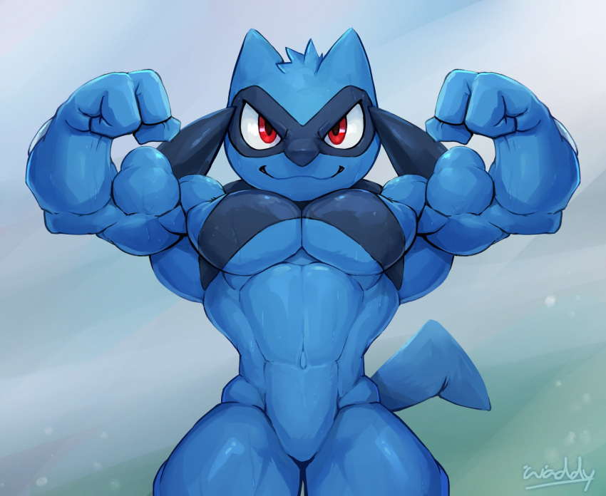 abs anthro biceps blue_body flexing flexing_bicep generation_4_pokemon hair hi_res male muscular muscular_male navel nintendo pecs pokemon pokemon_(species) red_eyes riolu smile solo tail waddledox