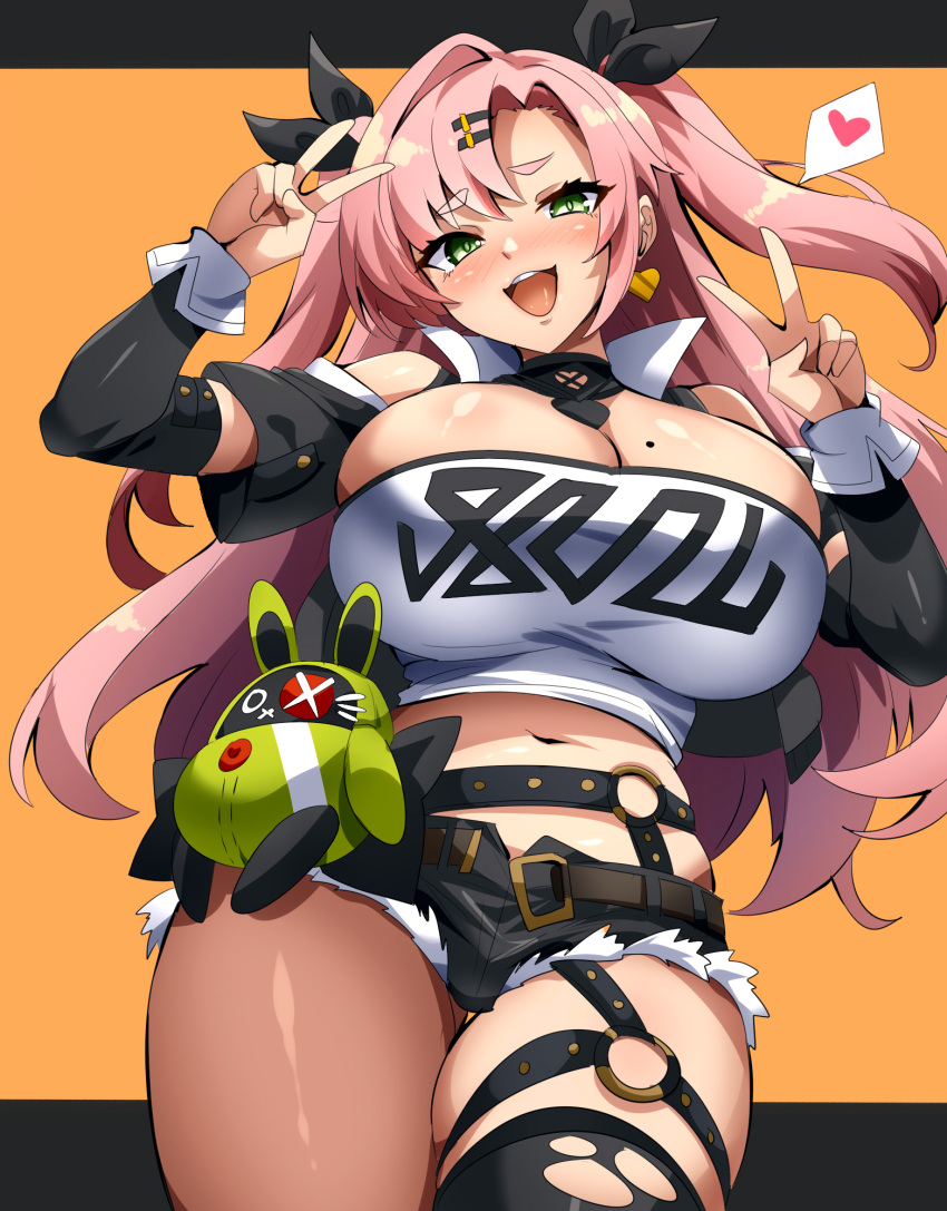 bangboo_(zenless_zone_zero) black_background black_pants black_ribbon black_sleeves blush breasts cleavage commentary_request cutoffs detached_sleeves double_v english_commentary female hair_ribbon highres huge_breasts long_hair looking_at_viewer magukappu midriff mixed-language_commentary mole mole_on_breast nicole_demara open_mouth orange_background pants pink_hair ribbon smile solo strapless thighs tube_top two-tone_background v white_tube_top zenless_zone_zero