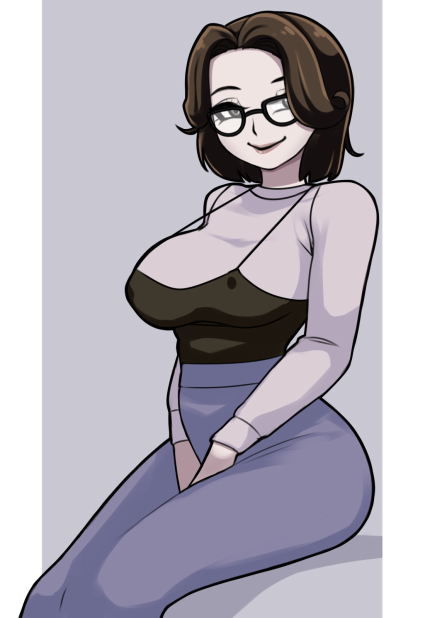 alternate_version_at_source alternate_version_available big_breasts brown_hair clothed_female cute fear_and_hunger fear_and_hunger:_termina female_focus female_only fully_clothed fully_clothed_female glasses large_breasts nipple_outline olivia_(fear_and_hunger) pinup rungbersa safe_for_work sfw_version short_hair sitting sitting_down solo_female