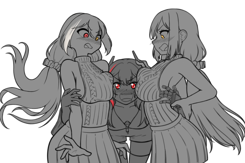 3girls bare_shoulders blush breasts drooling girls'_frontline hair_between_eyes hair_ornament hair_scrunchie headband heterochromia jacket large_breasts long_bangs long_hair looking_at_viewer low_ponytail m4_sopmod_ii_(girls'_frontline) m4_sopmod_ii_(mod3)_(girls'_frontline) mechanical_arms medium_breasts missileer multicolored_hair multiple_girls open_mouth pleated_skirt red_eyes red_hair ribbed_sweater ro635_(girls'_frontline) ro635_(mod3)_(girls'_frontline) scrunchie sideboob sidelocks simple_background skirt sleeveless sleeveless_sweater sleeveless_turtleneck streaked_hair sweater thighhighs turtleneck two-tone_hair very_long_hair white_background yellow_eyes zipper zipper_pull_tab