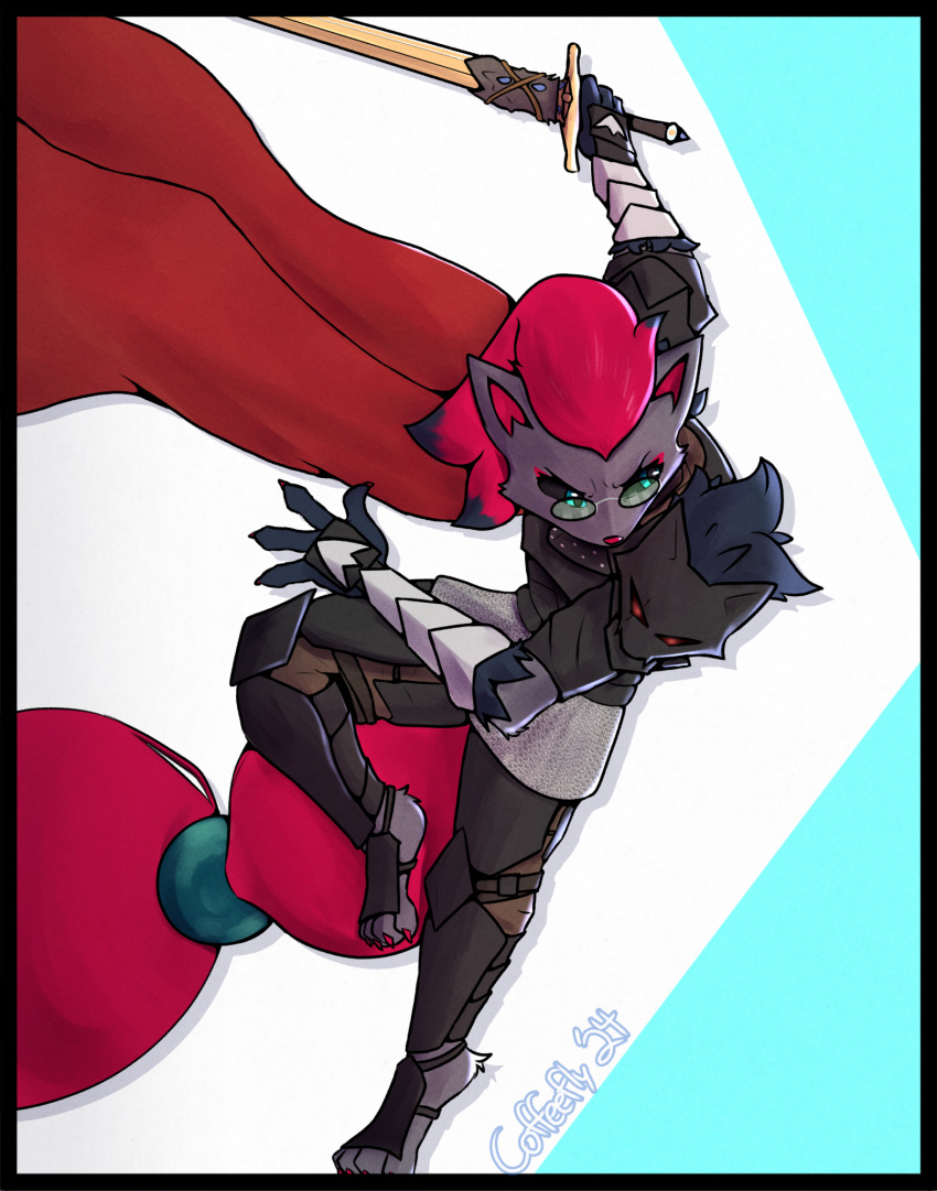 anthro armor coffeefly eyewear female generation_5_pokemon glasses hi_res melee_weapon nintendo pokemon pokemon_(species) scarf solo sword weapon zoroark