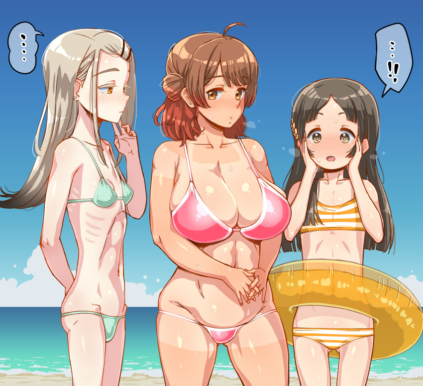 ... 3girls absurdres ahoge aqua_bikini bare_shoulders beach bikini black_hair blonde_hair blue_sky blush breasts brown_eyes brown_hair cleavage day earrings enoshima_iki flat_chest gakuen_idolmaster hair_bun hair_ornament hanami_ume hands_on_own_cheeks hands_on_own_face highres idolmaster innertube jewelry kuramoto_china long_hair medium_hair multiple_girls navel open_mouth orange_eyes outdoors pink_bikini ribs shinosawa_hiro single_hair_bun sky small_breasts spoken_ellipsis sweat swim_ring swimsuit tan tanlines