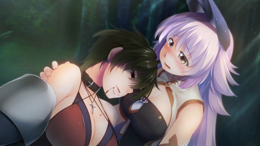 2girls animal_ears atelier-moo bare_shoulders bikini black_hair blood blood_on_face blush breasts brown_eyes cleavage collar detached_sleeves forest furrowed_brow hair_between_eyes highres jewelry large_breasts lips long_hair long_sideburns looking_down lower_teeth_only mana_(our_battle_has_just_begun!) multiple_girls nature necklace open_mouth our_battle_has_just_begun! purple_hair sad short_hair sideburns swimsuit taylor_(our_battle_has_just_begun!) tearing_up teeth upper_body very_long_hair wolf_ears wolf_girl