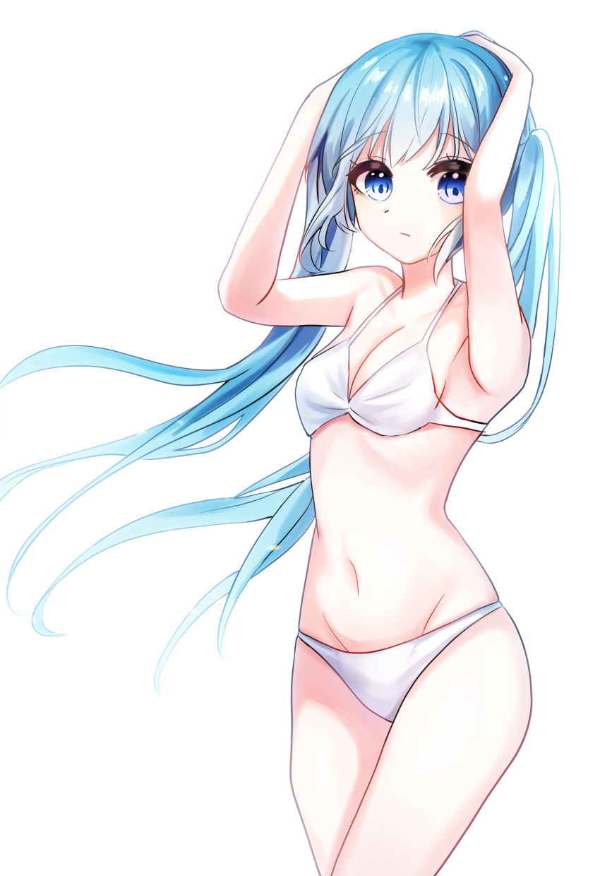 absurdres arms_behind_head bikini blue_eyes blue_hair breasts expressionless female hand_on_own_head hatsune_miku highres ille_(xcpa7325) long_hair looking_at_viewer medium_breasts navel solo swimsuit twintails very_long_hair vocaloid