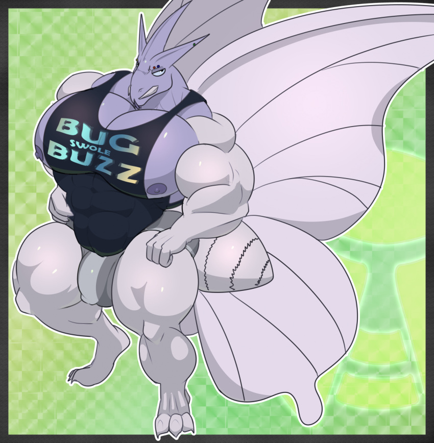 abs anthro arthropod biceps big_muscles bottomwear bulge clothed clothing digital_media_(artwork) digitigrade english_text eyebrow_piercing facial_piercing feet generation_1_pokemon hi_res huge_muscles hyper hyper_muscles insect_wings insects lepidopteran looking_at_viewer male moth muscular muscular_anthro muscular_male nintendo nipples pecs piercing pokemon pokemon_(species) seaserpenttailor shirt simple_background solo standing tank_top text text_on_clothing text_on_shirt text_on_topwear toes topwear venomoth wings