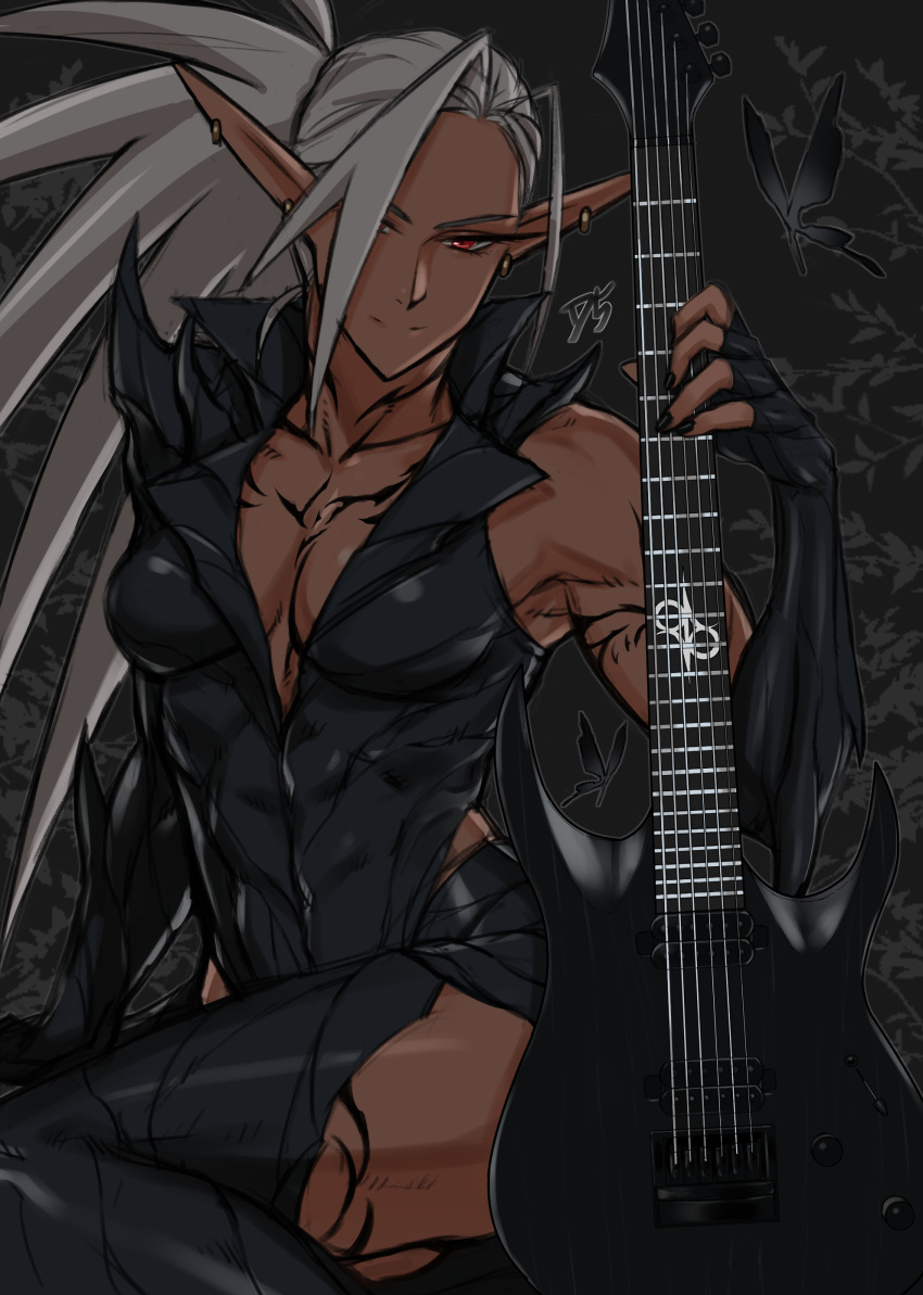 absurdres arm_tattoo bare_shoulders black_butterfly black_nails breasts bug butterfly chest_tattoo dark-skinned_female dark_elf dark_skin drill_(emilio) ear_piercing elbow_gloves electric_guitar elf female fingerless_gloves gloves grey_hair guitar hair_over_one_eye highres instrument large_breasts long_hair long_pointy_ears looking_at_viewer muscular muscular_female nail_polish neytharone_(drill_(emilio)) one_eye_covered original piercing pointy_ears red_eyes side_ponytail smile solo split_mouth tattoo