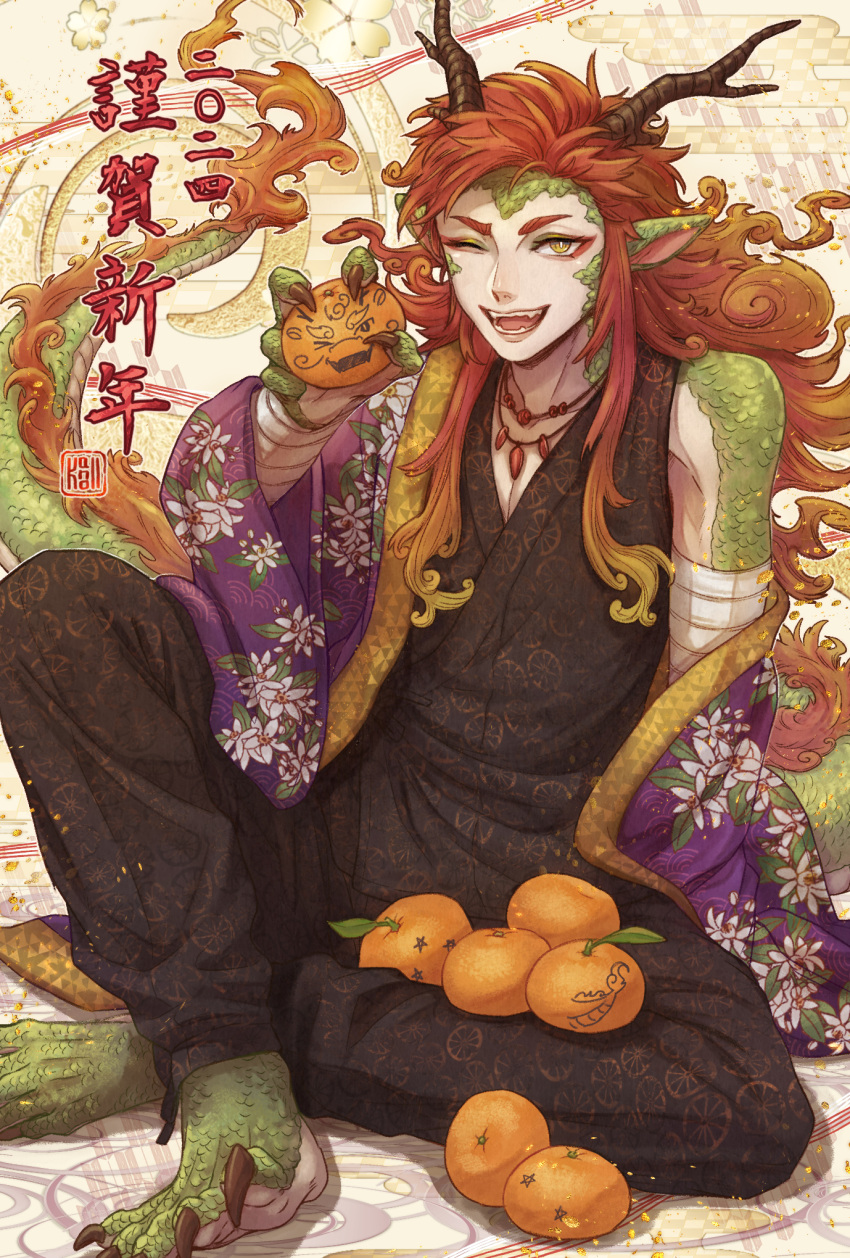 1boy 2024 bandaged_arm bandages blonde_hair bright_pupils chinese_new_year chinese_zodiac claws commentary_request curly_hair dated_commentary dragon dragon_boy dragon_horns dragon_tail eyeshadow floral_print food fruit green_eyeshadow green_scales highres holding holding_food holding_fruit horns jewelry kanoll_(user_wjyd3282) long_hair makeup male_focus mandarin_orange multicolored_eyeshadow multicolored_hair necklace new_year one_eye_closed orange_hair original personification pointy_ears red_eyeshadow red_hair scales seigaiha sharp_teeth sitting slit_pupils solo tail teeth toe_claws translation_request white_pupils year_of_the_dragon yellow_eyes yellow_eyeshadow