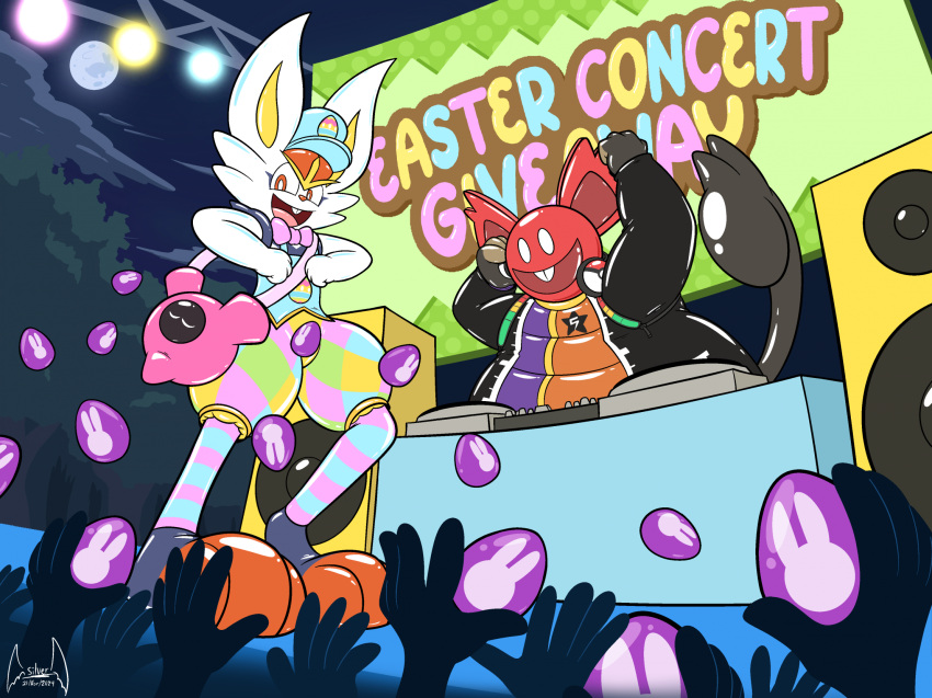 2024 3_toes 4_fingers 5_fingers alolan_form alolan_rattata ambiguous_gender anthro biped black_body black_clothing black_tail blue_clothing blue_hat blue_headwear bow_tie buckteeth clothing crowd detailed_background digital_media_(artwork) disc_jockey duo_focus easter easter_egg english_text feet fingers generation_7_pokemon generation_9_pokemon glistening glistening_body green_clothing group hat headgear headwear hi_res holidays lagomorph latex_body legendary_pokemon legwear leporid long_ears mammal murid murine nintendo open_mouth open_smile pattern_clothing pattern_legwear pecharunt pink_bow_tie pink_clothing pokemon pokemon_(species) rabbit rat razkal regional_form_(pokemon) ricky_the_rattata rodent smile soul-silver-dragon story story_in_description striped_clothing striped_legwear stripes tail teeth text toes toony white_body