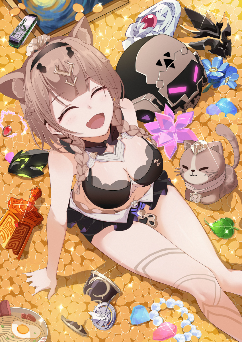 absurdres animal_ears bare_legs bare_shoulders black_bra black_headband bra braid breasts broken broken_sword broken_weapon brown_hair can_(honkai_impact) cat_ears cat_girl cleavage closed_eyes coin crystal_flower cup cup_ramen feet_out_of_frame feline female gold_coin hair_between_eyes harmonica headband highres honkai_(series) honkai_impact_3rd huang_cheng_yu instrument jewelry large_breasts leaf m.o.t.h._logo_(honkai_impact) mask medium_hair midriff navel necklace painting_(object) pardofelis_(honkai_impact) pearl_necklace robot smile statue sword thighs twin_braids underwear unworn_mask weapon