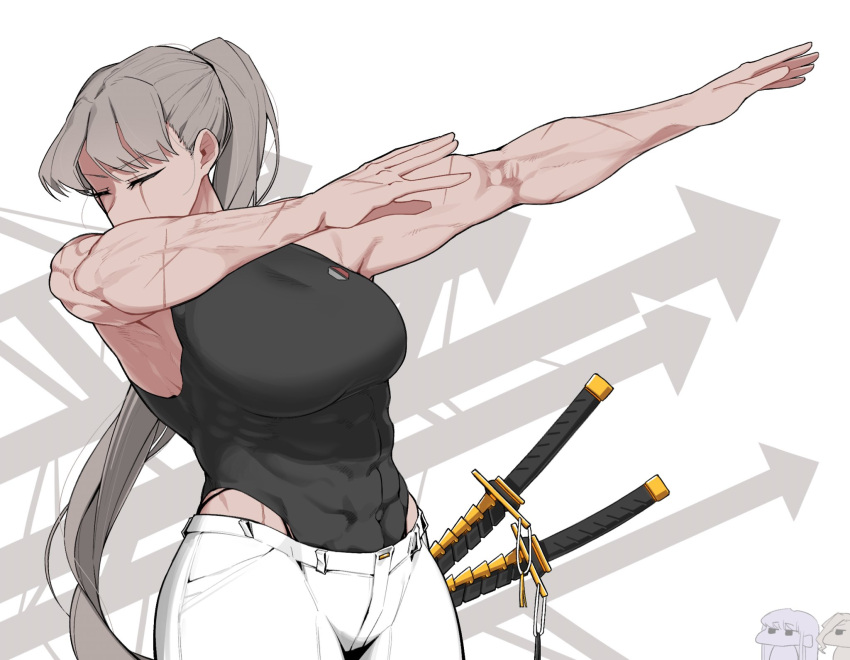 3girls abs arrow_(symbol) breasts chibi closed_eyes covered_mouth dab_(dance) ga_min_(odd_snail) geumgang_(odd_snail) highres katana large_breasts leotard long_hair multiple_girls muscular muscular_female oddsnail original pants ponytail scar scar_across_eye solo sword weapon white_background white_pants