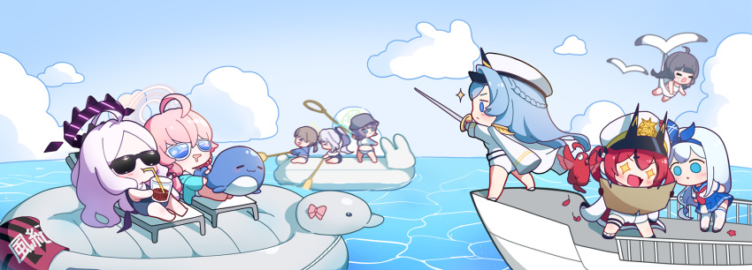 6+girls ahoge anchor_(nikke) barefoot bikini bird black_footwear black_hair black_horns blue_archive blue_bikini blue_eyes blue_hair blue_one-piece_swimsuit blue_sky boat braid chibi closed_mouth cloud coat coat_on_shoulders commentary crossover crying cup day drinking drinking_straw drooling english_commentary epaulettes goddess_of_victory:_nikke green_halo grey_hair hair_bobbles hair_ornament halo hat helm_(nikke) highres hina_(blue_archive) hina_(swimsuit)_(blue_archive) holding holding_cup holding_map holding_stuffed_toy holding_sword holding_weapon horizon horns hoshino_(blue_archive) hoshino_(swimsuit)_(blue_archive) inflatable_raft jacket leaning_forward long_hair long_sleeves looking_at_object low_twin_braids map mast_(nikke) miyako_(blue_archive) miyako_(swimsuit)_(blue_archive) miyu_(blue_archive) miyu_(swimsuit)_(blue_archive) moe_(blue_archive) moe_(swimsuit)_(blue_archive) morgan_(nikke) multiple_girls ocean oerba_yun_fang one-piece_swimsuit open_mouth outdoors parted_lips pink_hair pink_halo purple_halo red_hair saki_(blue_archive) saki_(swimsuit)_(blue_archive) sitting skin_fang sky sparkling_eyes starfish stuffed_toy stuffed_whale sunglasses swimsuit sword tears thighhighs twin_braids uz_(uzru0428) v-shaped_eyebrows water watercraft weapon white-framed_eyewear white_coat white_footwear white_hat white_thighhighs