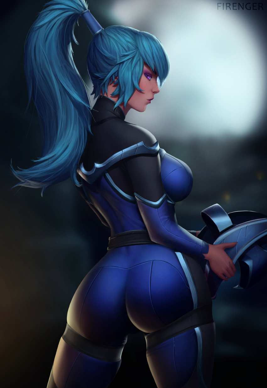 absurdres armor artist_name ass back blue_bodysuit blue_hair blurry blurry_background bodysuit breasts dota_(series) dota_2 female firenger full_moon helmet highres holding holding_helmet large_breasts lips long_hair looking_at_viewer looking_back luna_(dota) moon night night_sky pauldrons ponytail purple_eyes shoulder_armor sideboob sky solo