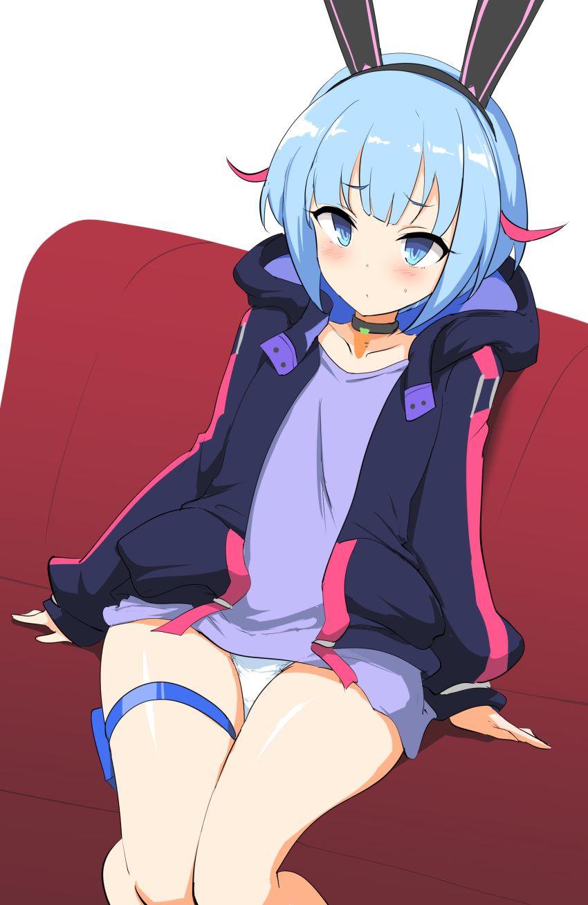 absurdres animal_ears black_collar black_hairband black_jacket blue_eyes blue_hair blush closed_mouth collar collarbone commentary_request couch fake_animal_ears feet_out_of_frame female hairband highres hood hood_down hooded_jacket jacket long_sleeves momio no_pants on_couch otosaka_shion_(shadowverse_flame) panties puffy_long_sleeves puffy_sleeves purple_shirt rabbit_ears shadowverse_(anime) shirt simple_background sitting sleeves_past_wrists solo sweat underwear white_background white_panties