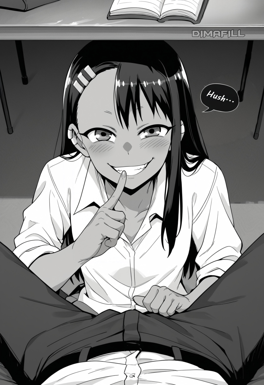 ai-generated classroom dark-skinned_female dark_skin desk dimafill earclip fellatio hair_ornament hairclip highres ijiranaide_nagatoro-san kneeling nagatoro_hayase oral school school_desk school_uniform sex stealth_sex under_the_table