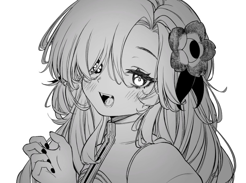 anemone_(flower) arisu_(614anemone) black_nails black_ribbon dress fangs female flower flower-shaped_pupils greyscale hair_flower hair_ornament hair_over_one_eye hair_ribbon hand_up hashtag-only_commentary high_collar highres isekai_joucho kamitsubaki_studio long_hair looking_at_viewer mismatched_pupils monochrome open_mouth portrait puffy_sleeves ribbon simple_background solo symbol-shaped_pupils three_quarter_view virtual_youtuber white_background