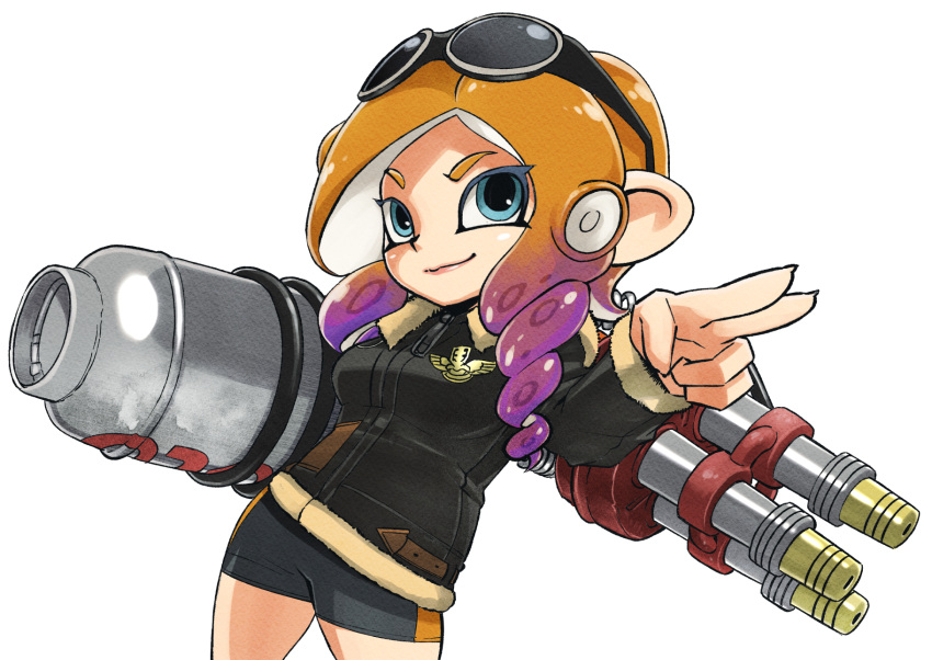 bike_shorts black_jacket blue_eyes closed_mouth commentary_request drill_hair eyewear_on_head female fur-trimmed_jacket fur_trim gradient_hair gun highres holding holding_gun holding_weapon hydra_splatling_(splatoon) jacket long_hair multicolored_hair muramasa_mikado octoling octoling_girl octoling_player_character orange_hair purple_hair salute simple_background smile solo splatoon_(series) splatoon_3 standing sunglasses tentacle_hair twin_drills two-finger_salute two-tone_hair weapon white_background