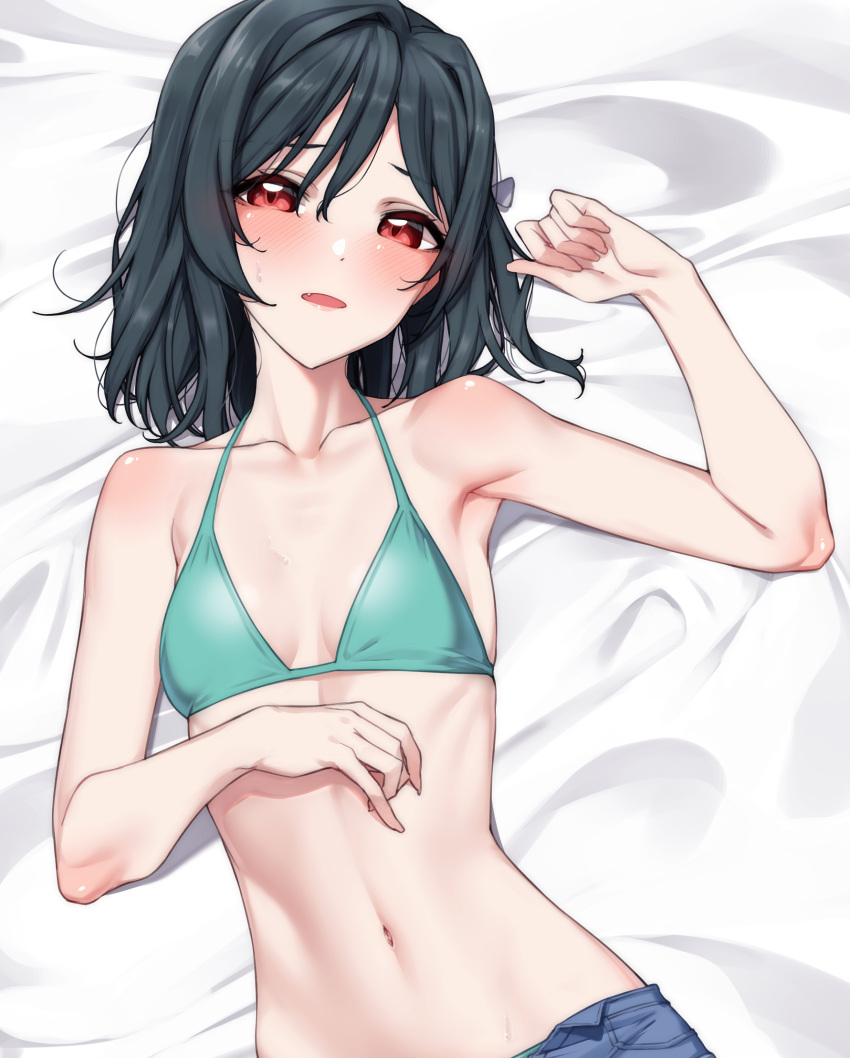 bare_arms bare_shoulders bed_sheet bikini bikini_under_clothes black_hair blue_pants blush breasts collarbone commentary fangs female green_bikini hair_between_eyes hair_ribbon halterneck hand_on_own_chest hands_up highres looking_at_viewer love_live! love_live!_nijigasaki_high_school_idol_club lying medium_hair mifune_shioriko nasuno_(nasuno42) navel on_back open_pants pants parted_lips red_eyes ribbon ribs small_breasts solo stomach sweat swimsuit upper_body white_ribbon