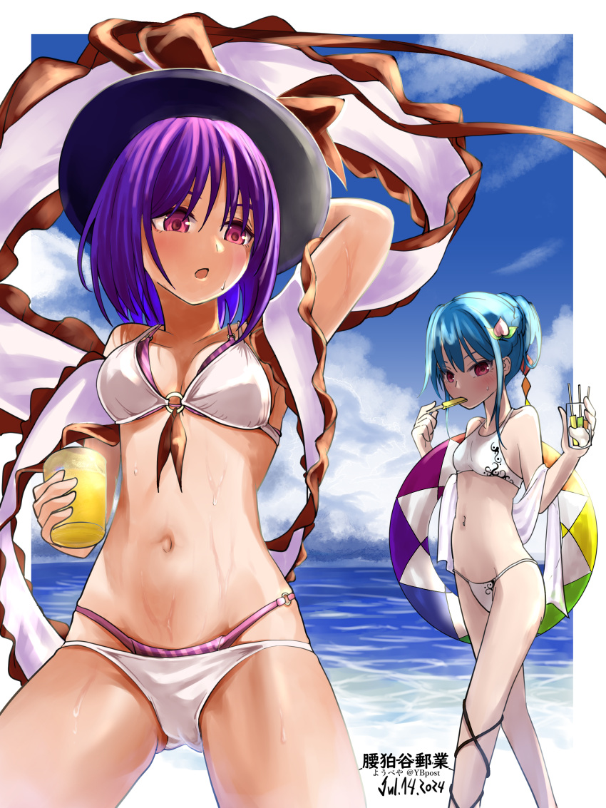 2girls absurdres alternate_hairstyle beach bikini black_hat blue_hair blue_sky breasts cleavage cloud commentary_request cup dated food-themed_hair_ornament frilled_shawl frills hair_ornament hat highres hinanawi_tenshi holding holding_cup horizon innertube looking_at_viewer multiple_girls nagae_iku navel ocean outdoors peach_hair_ornament purple_hair red_eyes shawl short_hair sky swim_ring swimsuit touhou wet white_bikini ybpost