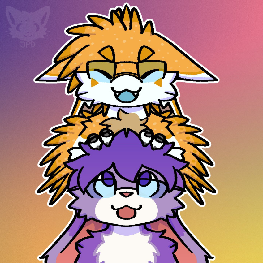 anthro avali chest_tuft closed_eyes duo eyewear fangs feathers fur glasses hair hi_res jacketpd lagomorph leporid looking_at_another male male/male mammal orange_body orange_feathers orange_fur purple_body purple_eyes purple_fur purple_hair rabbit smile teeth thistle_(thistlebunny) tuft white_body white_fur