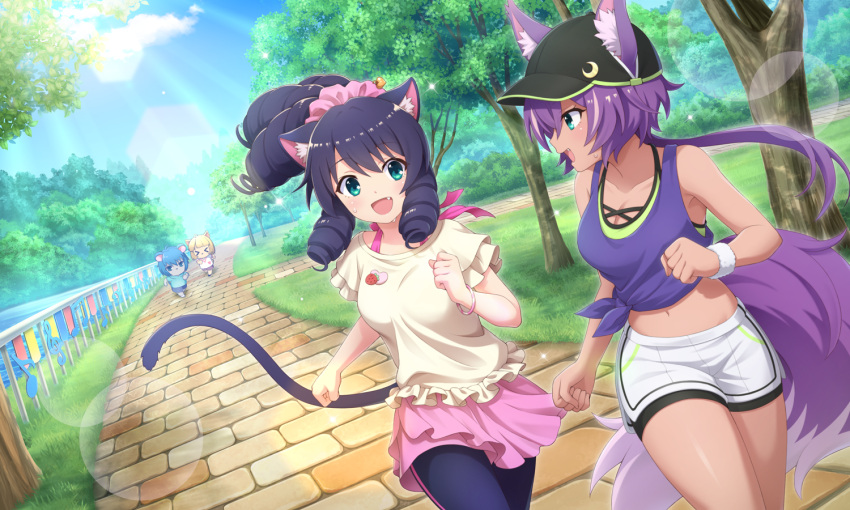 2girls 2others :d animal_ear_fluff animal_ears artist_request bare_shoulders baseball_cap black_hat blue_eyes blue_hair blue_pantyhose blue_shirt blue_sky bracelet cat_ears cat_girl cat_tail cloud cowboy_shot cyan_(show_by_rock!!) day drill_hair ears_through_headwear frilled_shirt frills front-tie_top grass hair_ornament hair_scrunchie hat jewelry lens_flare low_ponytail multiple_girls multiple_others navel oerba_yun_fang official_art open_mouth outdoors pantyhose park pink_skirt ponytail purple_hair ringlets ruhuyu_(show_by_rock!!) running scrunchie shirt short_hair shorts show_by_rock!! skirt sky sleeveless sleeveless_shirt smile sparkle tail third-party_source tree white_shirt white_shorts wolf_ears wolf_girl wolf_tail