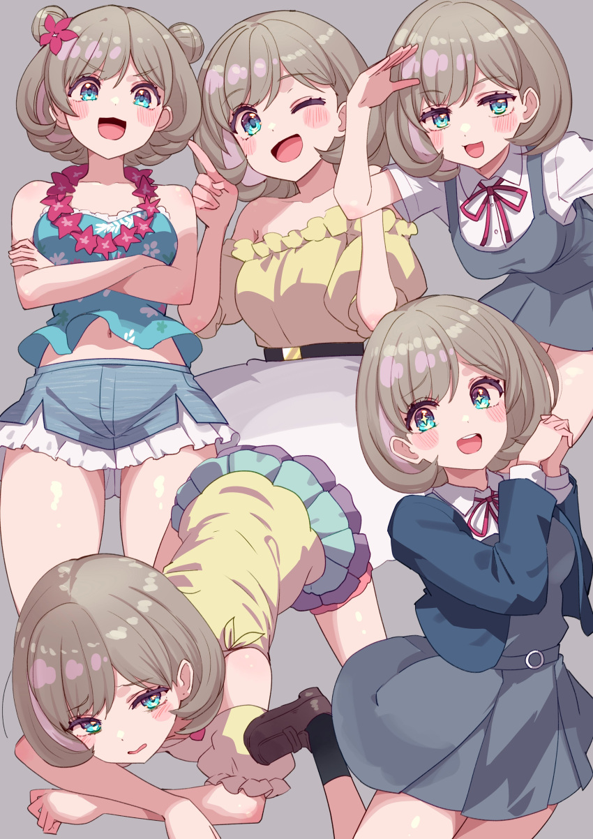 absurdres birthday blue_eyes blush breasts collarbone commentary cream_(nipakupa) female grey_background highres light_brown_hair love_live! love_live!_superstar!! medium_breasts medium_hair multiple_views one_eye_closed school_uniform tang_keke upper_body yuigaoka_school_uniform