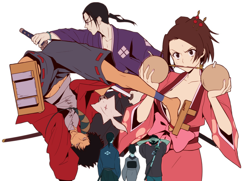 2boys absurdres bead_bracelet beads black_hair bracelet breasts brown_hair dark-skinned_male dark_skin earrings female floral_print full_body furrowed_brow fuu_(samurai_champloo) geta glasses grey_pants hair_ornament hair_stick highres holding holding_sword holding_weapon igusaharu japanese_clothes jewelry jinnosuke katana kimono long_hair medium_breasts midriff_peek mugen_(samurai_champloo) multiple_boys open_clothes open_kimono pants parted_bangs pink_kimono plunging_neckline ponytail purple_kimono red_kimono ribbon ribbon-trimmed_sash samurai_champloo sash single_earring sweatdrop sword upper_body weapon white_background