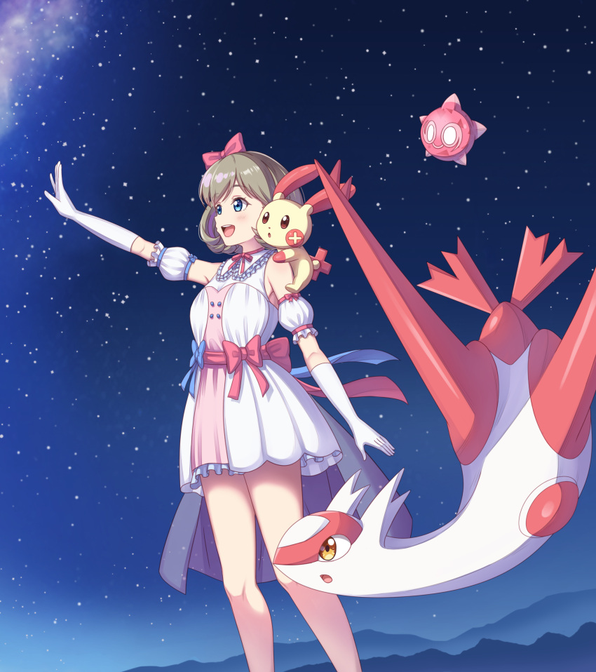 birthday blue_eyes brown_eyes commentary_request female floating grey_hair hair_ribbon highres latias levitation love_live! love_live!_superstar!! medium_hair minior night night_sky plusle pokemon pokemon_(creature) ribbon sky standing star_(sky) starry_sky tang_keke tiny_stars tsukimi_seiya yellow_eyes