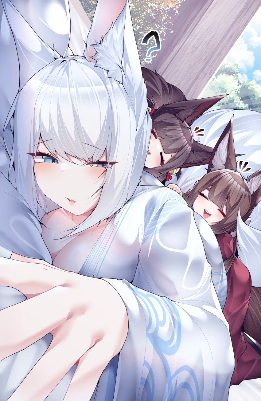 3girls absurdres akagi-chan_(azur_lane) amagi-chan_(azur_lane) animal_ears azur_lane bell blue_eyes blush breasts brown_hair cleavage day eyeshadow fox_ears fox_girl fox_tail hair_bell hair_between_eyes hair_ornament half-closed_eyes happy highres indoors japanese_clothes kaga_(azur_lane) kimono kitsune large_breasts long_hair lying lying_on_person makeup medium_hair multiple_girls multiple_tails on_stomach open_mouth red_eyeshadow red_kimono samip sleeping sleepy slit_pupils smile tail very_long_hair waking_up white_hair white_kimono